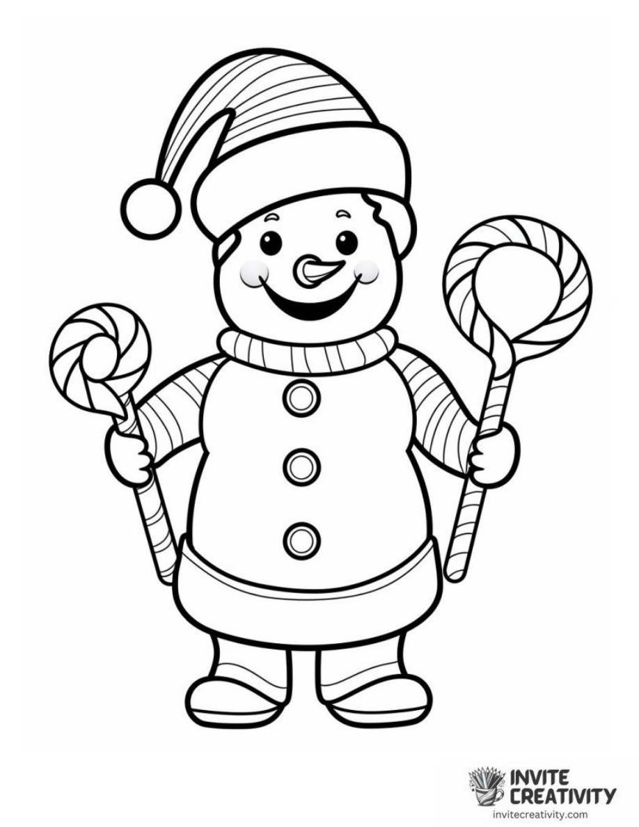 Snowman Holding a Candy Cane Coloring Sheet of