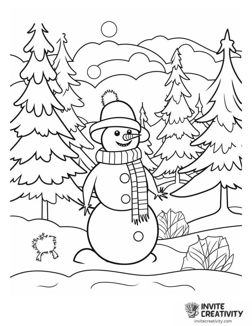 snowman in a snowy forest full page Coloring sheet