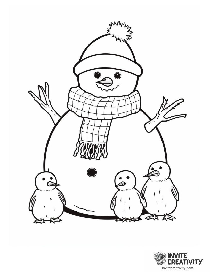 snowman with cute animals Coloring page
