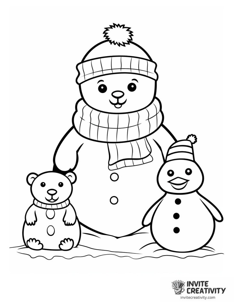 snowman with penguin and bear Page to Color