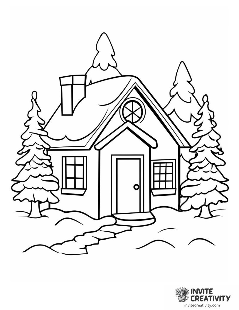 snowy cabin in winter Coloring page