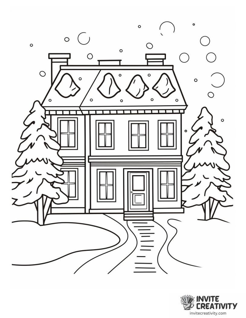 snowy house happy holidays Page to Color