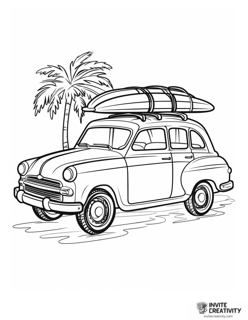 surfboard on car roof coloring sheet
