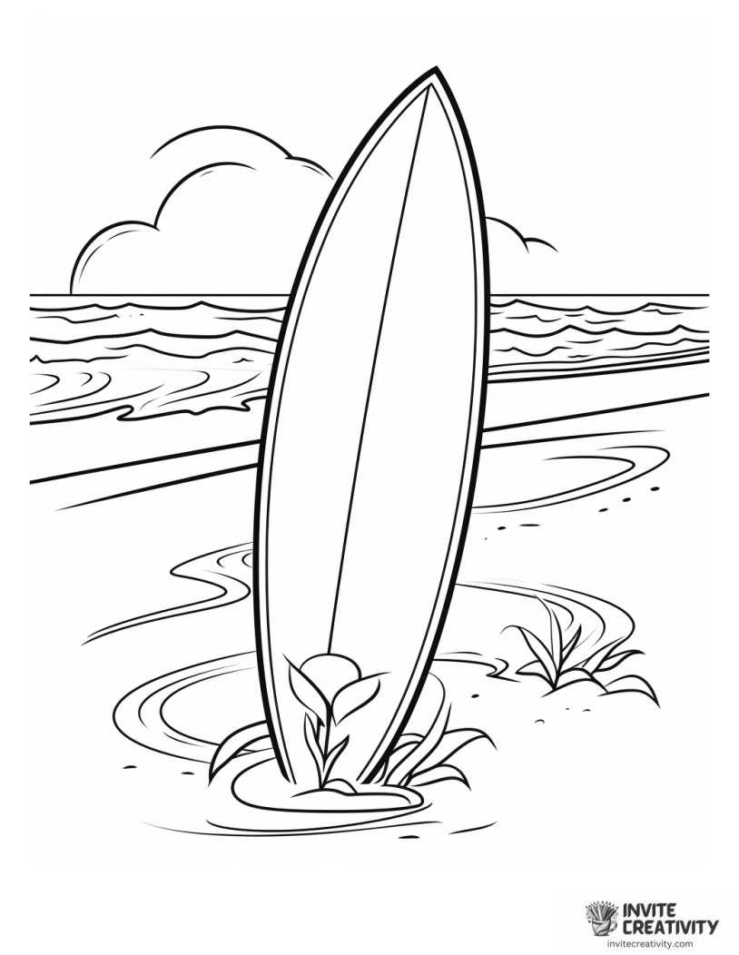 surfboard on the sand coloring page