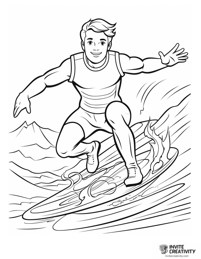 surfing cartoon style coloring page