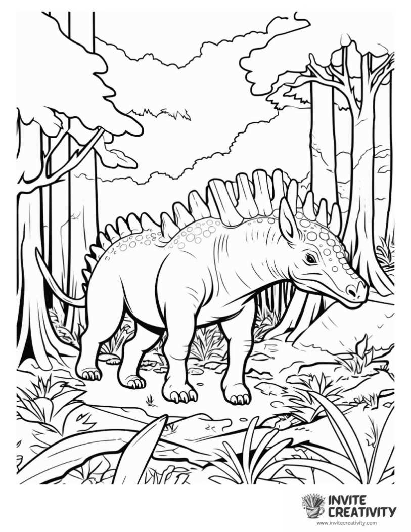 triceratops in a prehistoric setting coloring page