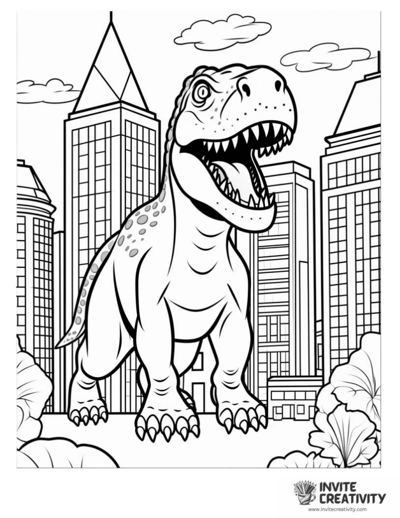 tyrannosaurus rex in the city coloring page