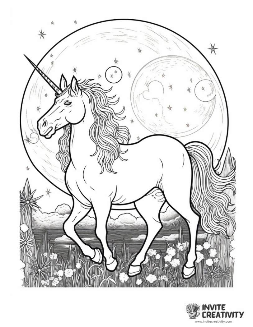 unicorn at night with full moon coloring book page