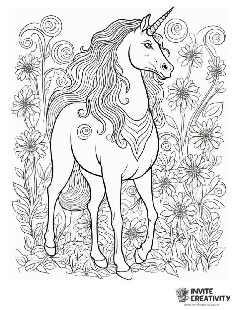 unicorn with flowers coloring sheet