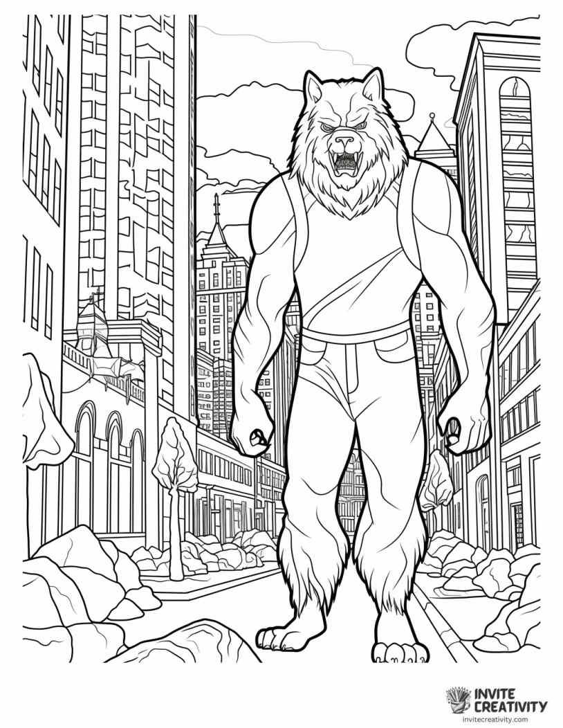 werewolf in a city coloring sheet