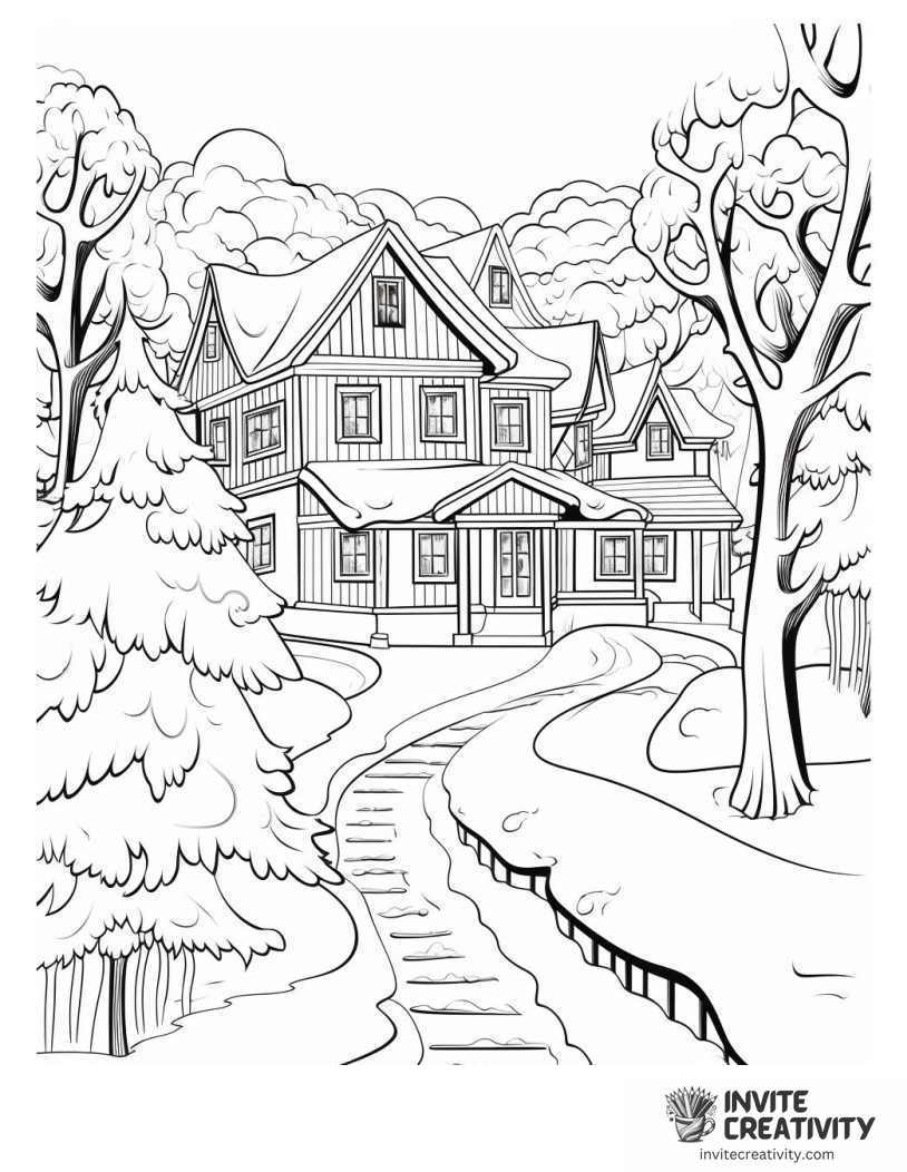 winter home drawing to color