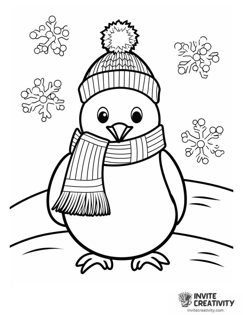 winter penguin with snoflakes To Color