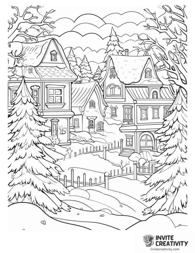 winter wonderland town Page to Color