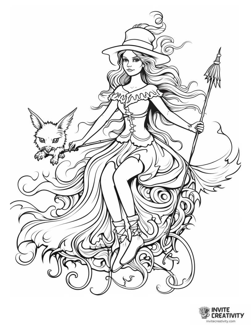 witch with a broom coloring sheet