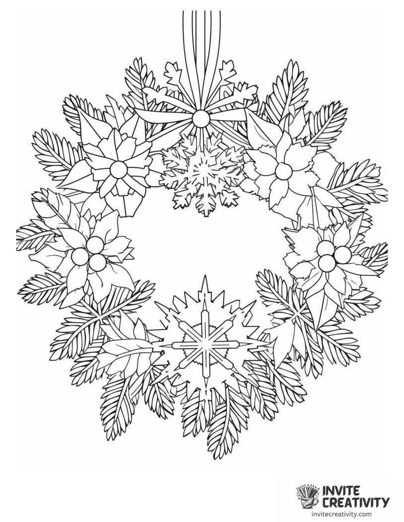 wreath covered in snow and snowflakes Coloring page of